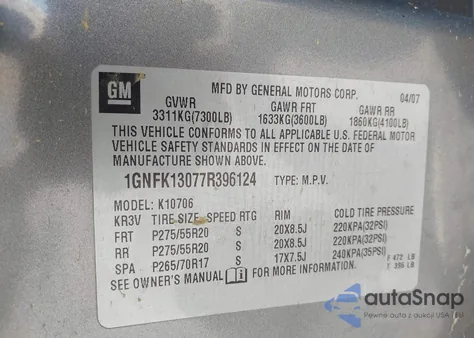 2007 Chevrolet Tahoe Ltz из США, поврежденный, VIN 1GNFK13077R396124